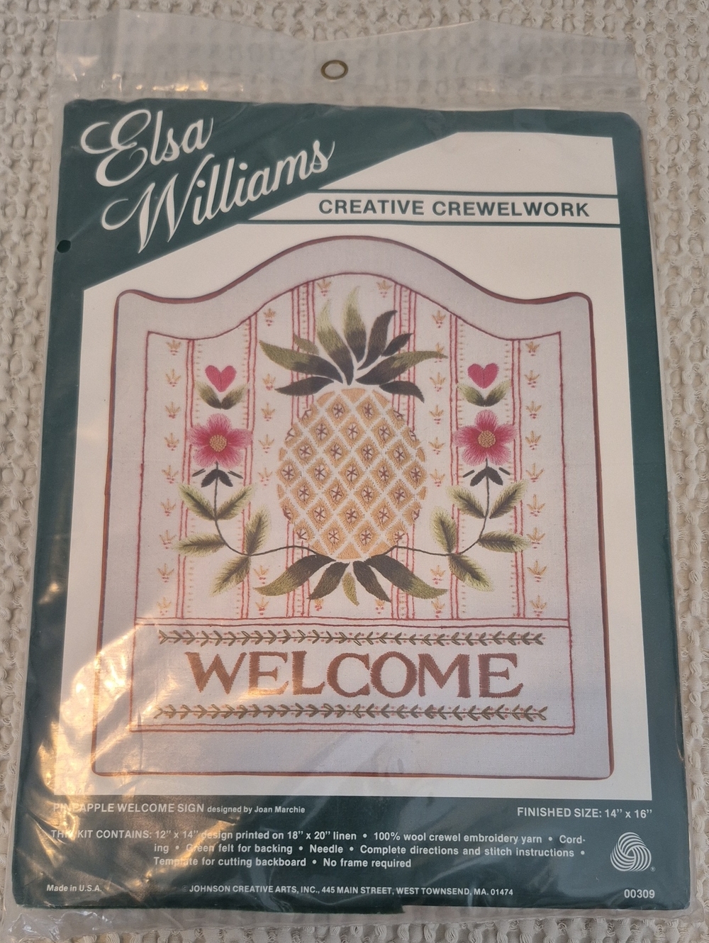 Elsa Williams Pineapple Welcome Sign CrewelWork 18x20Linen Canvas Sealed NEW WOT